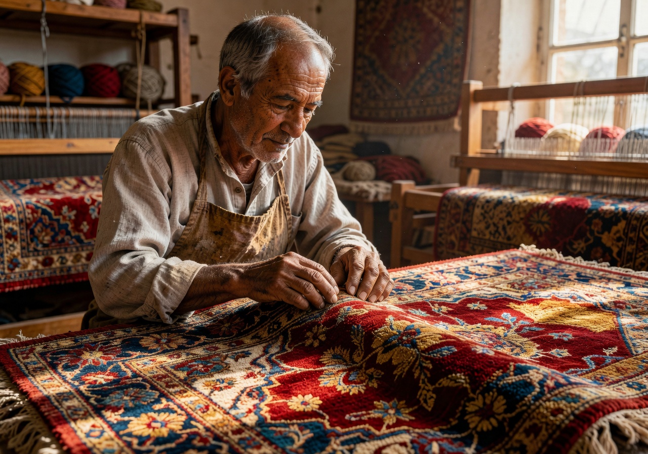 Artisan inspecting luxury carpet texture