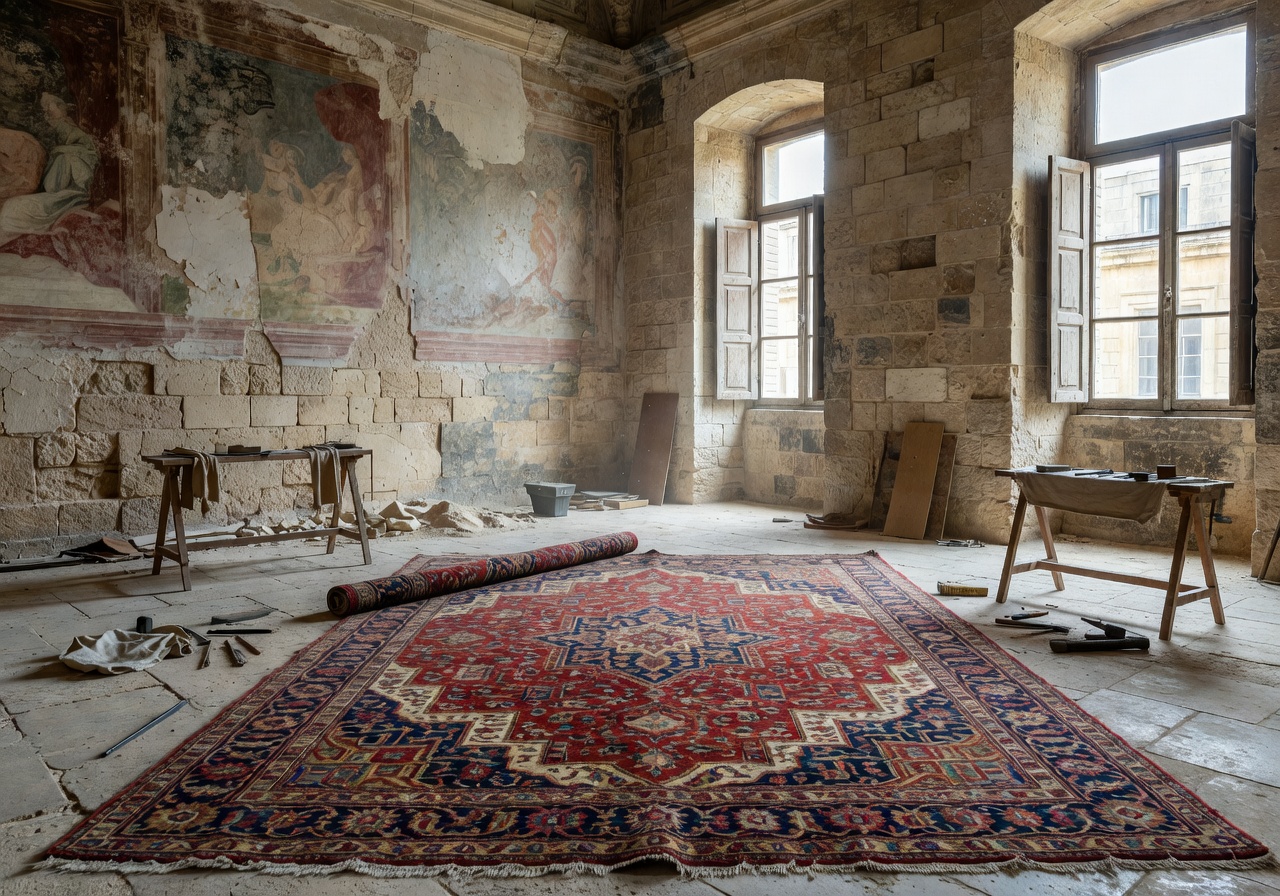 Historic Valletta palazzo restoration with traditional Persian style rug