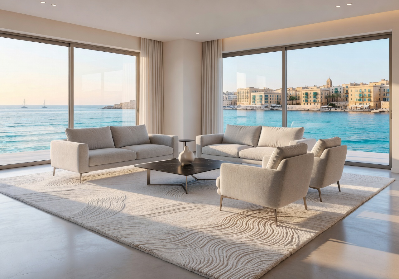 Modern villa living room in Sliema featuring a bespoke white textured carpet